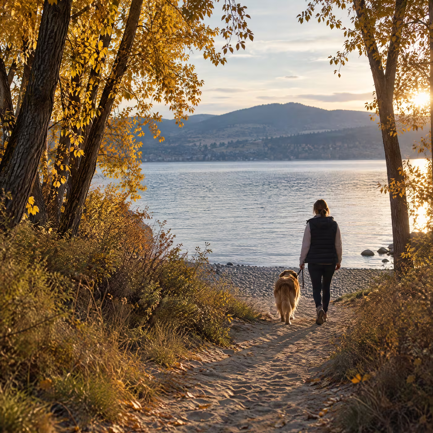 A woman walking her dog down a Lower Mission beach access under golden cottonwoods