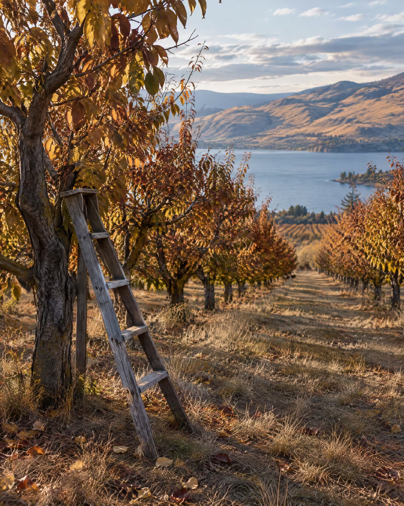 A Lake Country cherry orchard after harvest, a wooden picking ladder against a tree