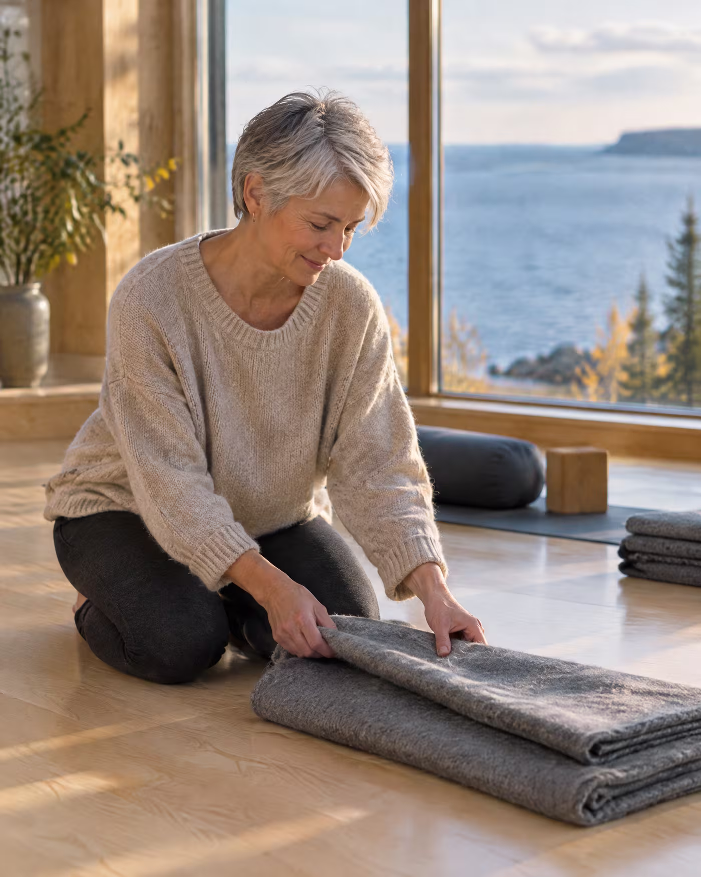 Anneli, a teacher with short silver hair, folding a grey wool blanket on the birch floor