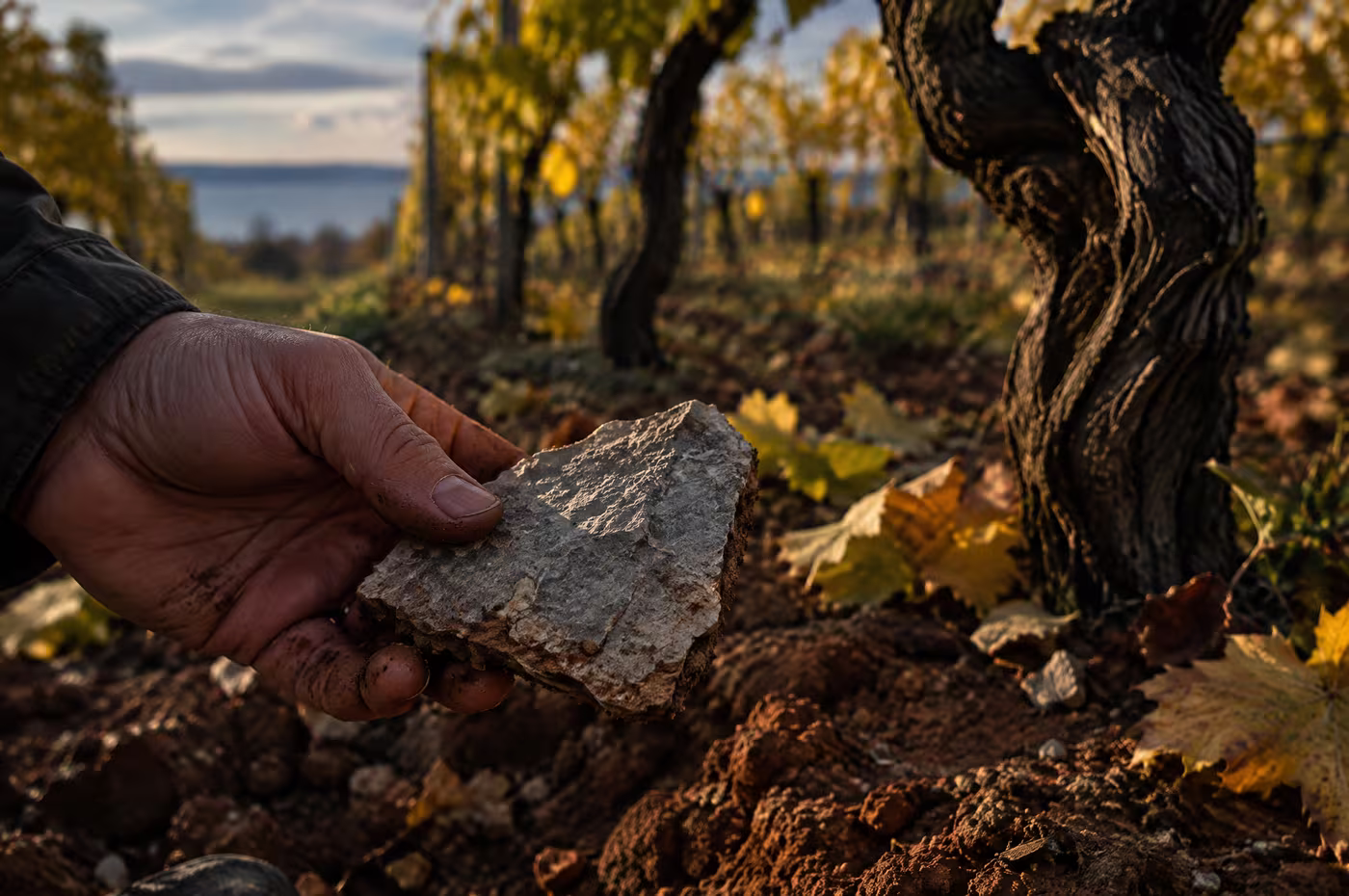 A hand holding a slab of grey limestone lifted from thin red soil between vines