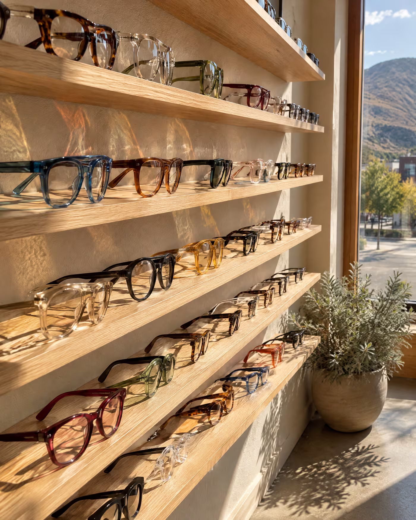 Rows of coloured acetate frames on pale oak shelves with light raking across them