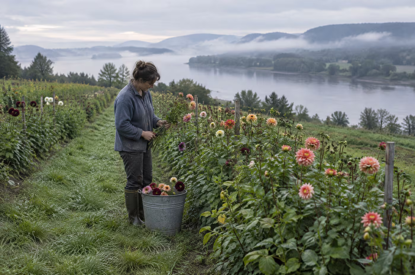 A grower in rubber boots cutting dahlias into a bucket at dawn, mist on the river below