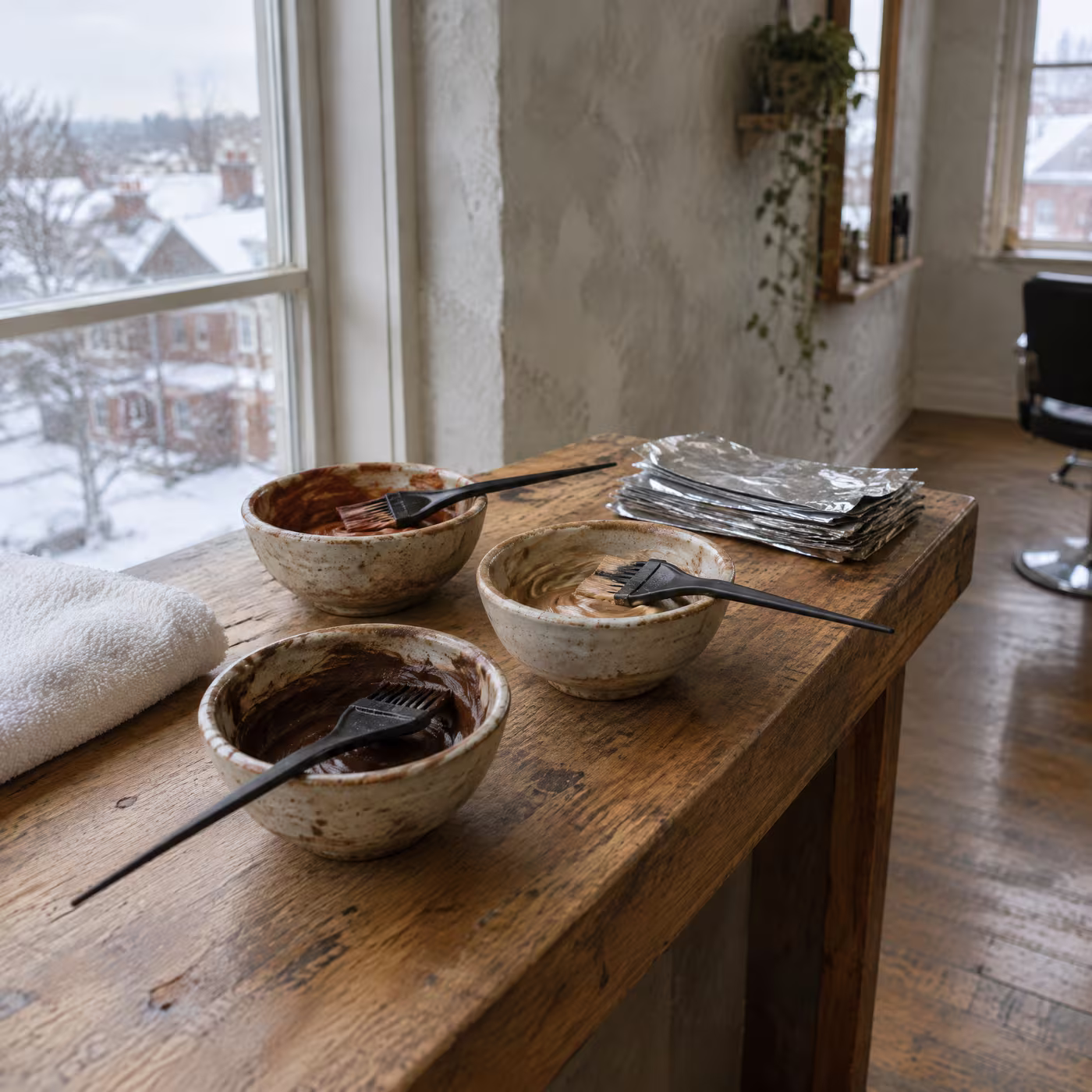 Three ceramic bowls of mixed colour with tint brushes on the oak bar