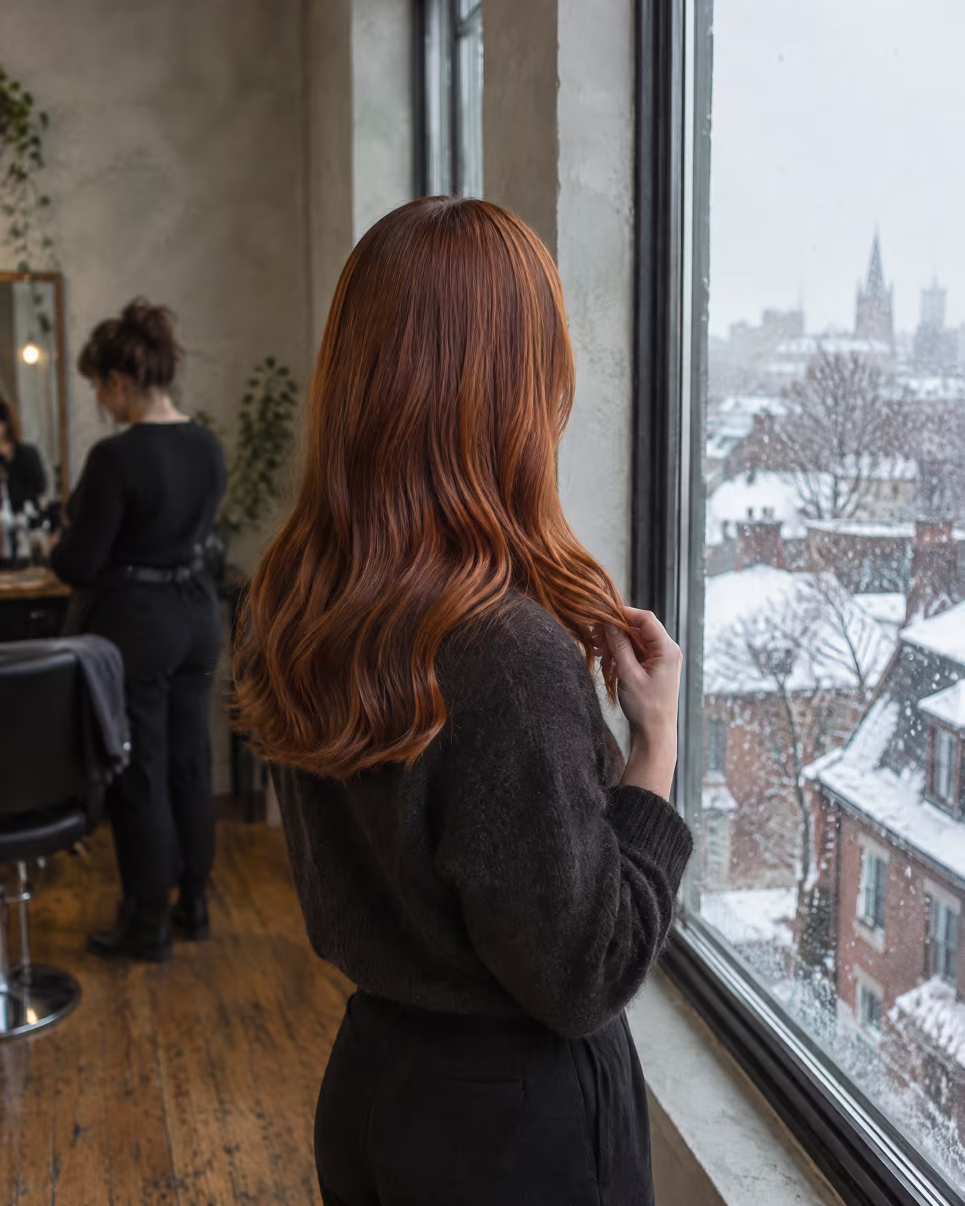 A client with a fresh copper blow-dry looking out at falling snow