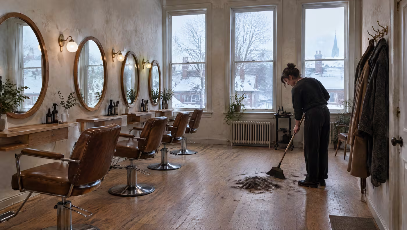 Vintage styling chairs along a plaster wall under tall windows while a stylist sweeps up cut hair