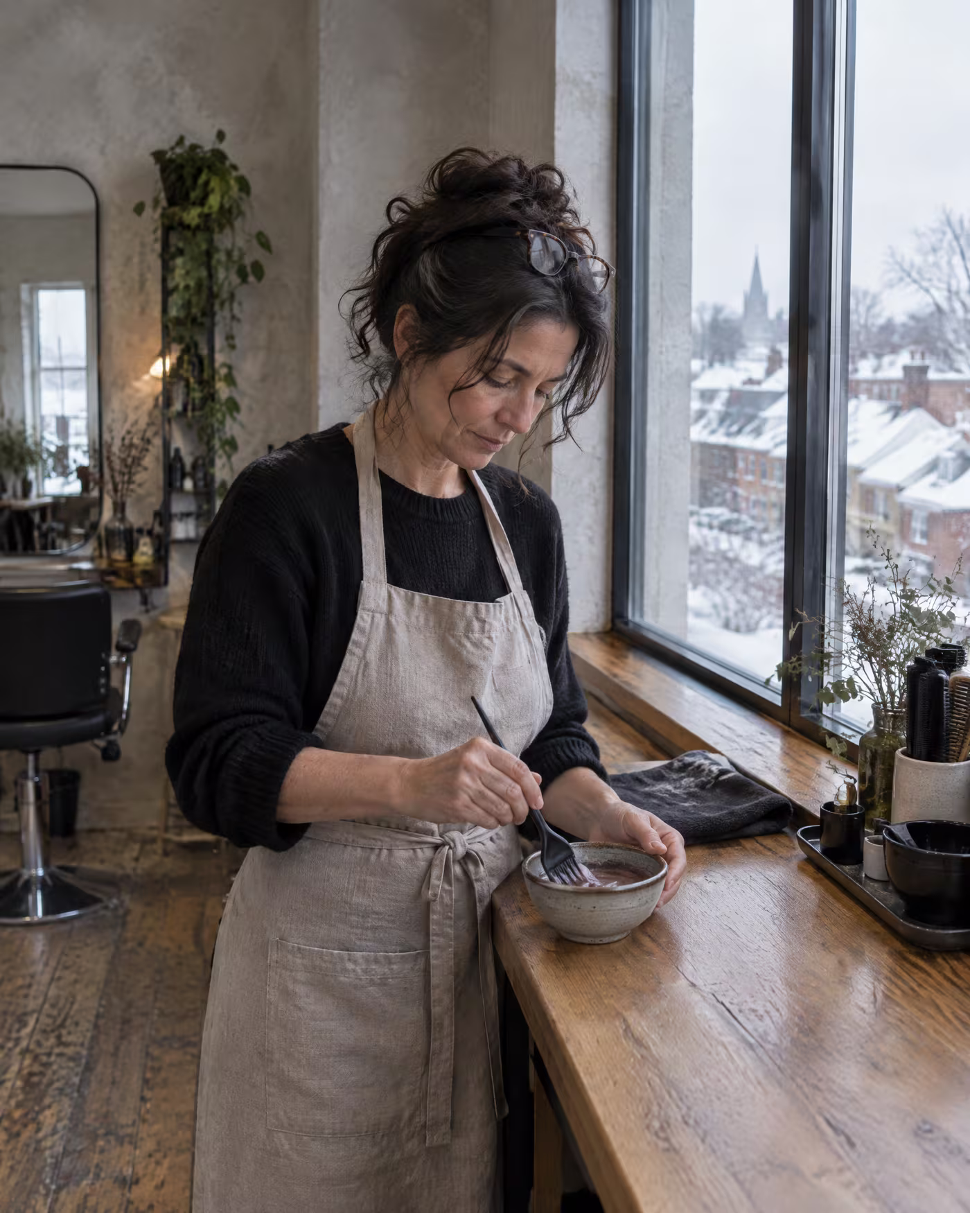 Élise mixing colour in a ceramic bowl at the oak bar by the window