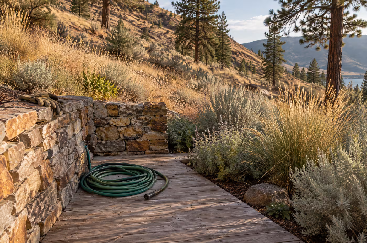 A weathered cedar deck between a dry-stack wall and ornamental grasses, a hose coiled on the boards
