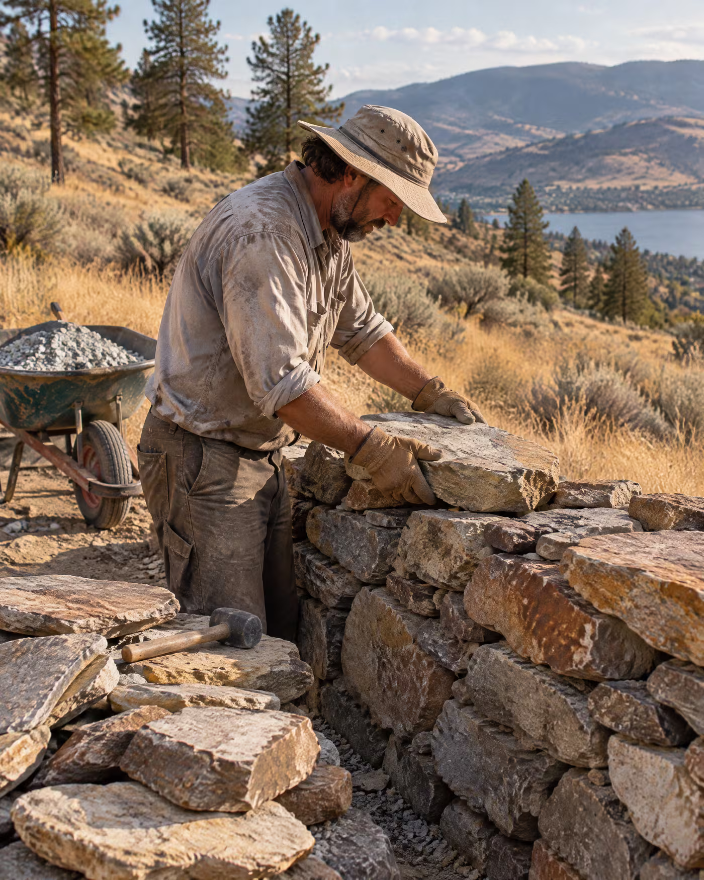 A mason in a sun hat setting a flat fieldstone into a half-built dry-stack wall