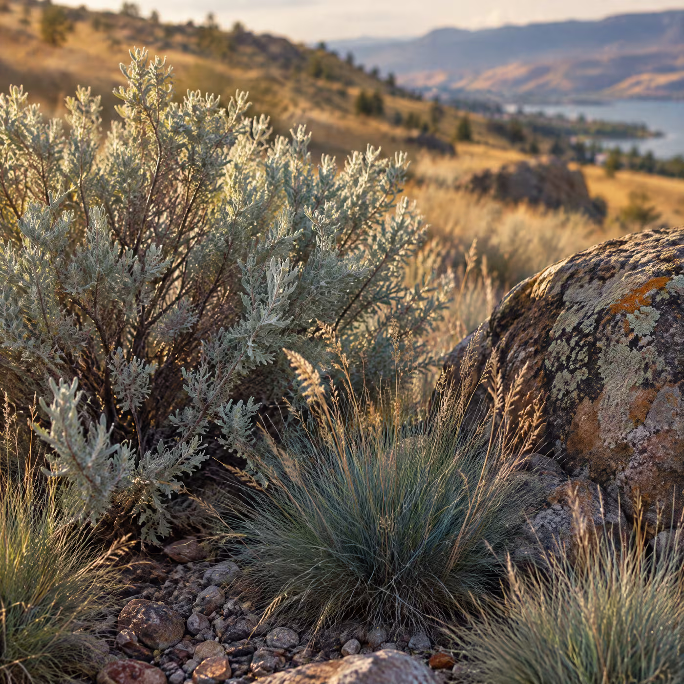 Silver big sagebrush and blue grama grass beside a lichen-covered fieldstone