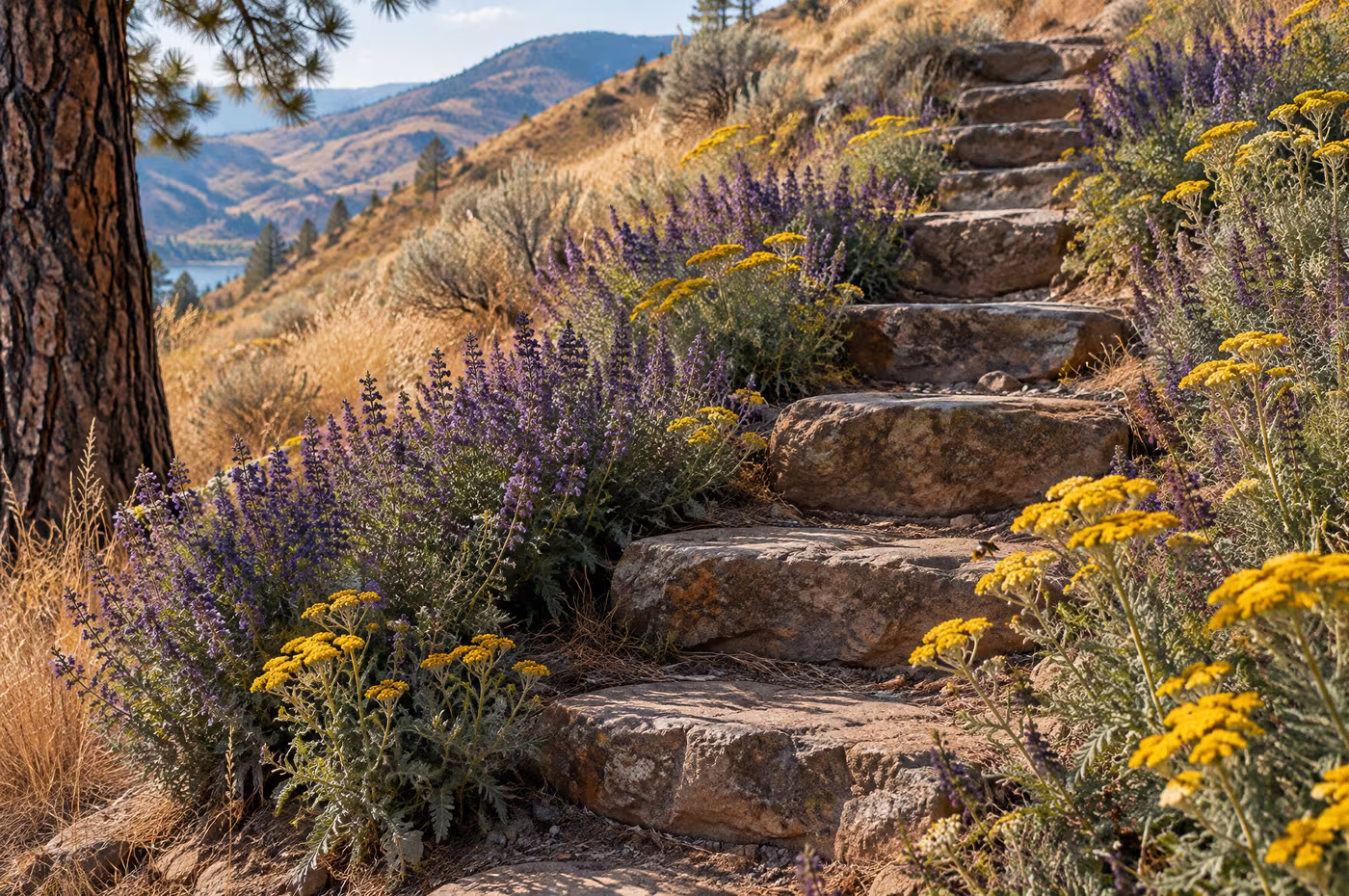 Rough stone steps rising through purple salvia and yellow yarrow beside a ponderosa pine