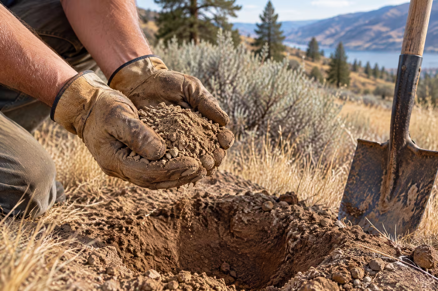 Gloved hands holding sandy topsoil over a test hole dug on a dry slope