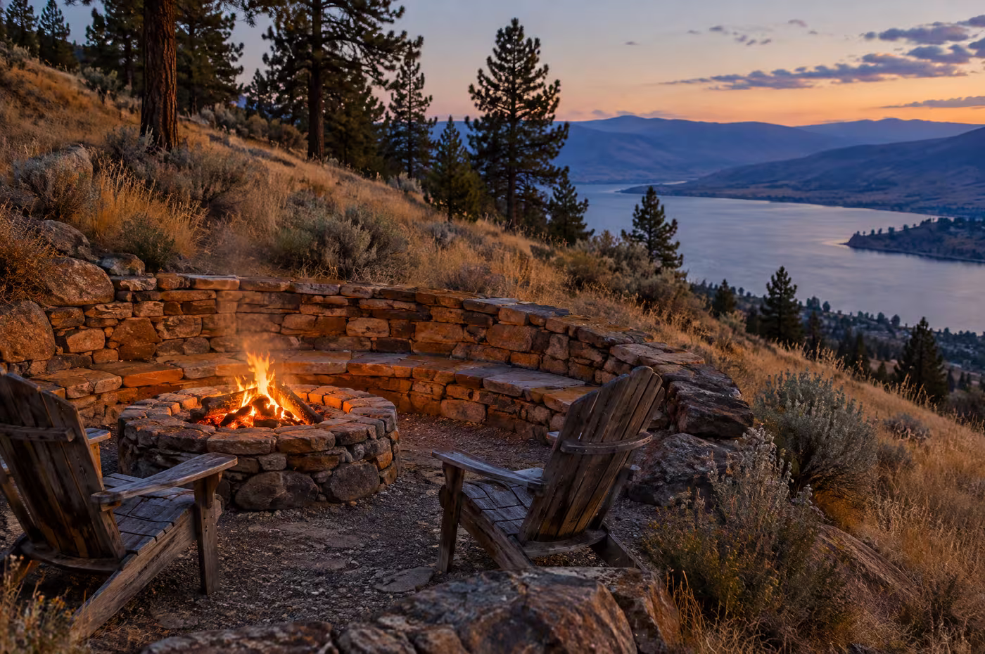 A wood fire in a round stone pit inside a sunken fieldstone court at dusk