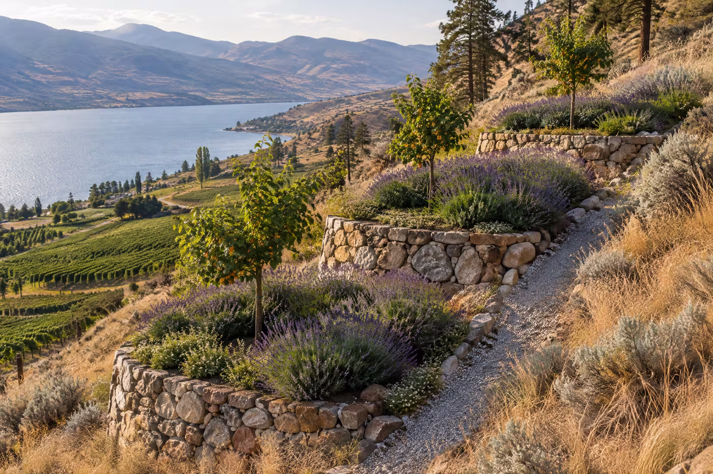 Three dry-stack stone terraces with lavender and young apricot trees above vineyards