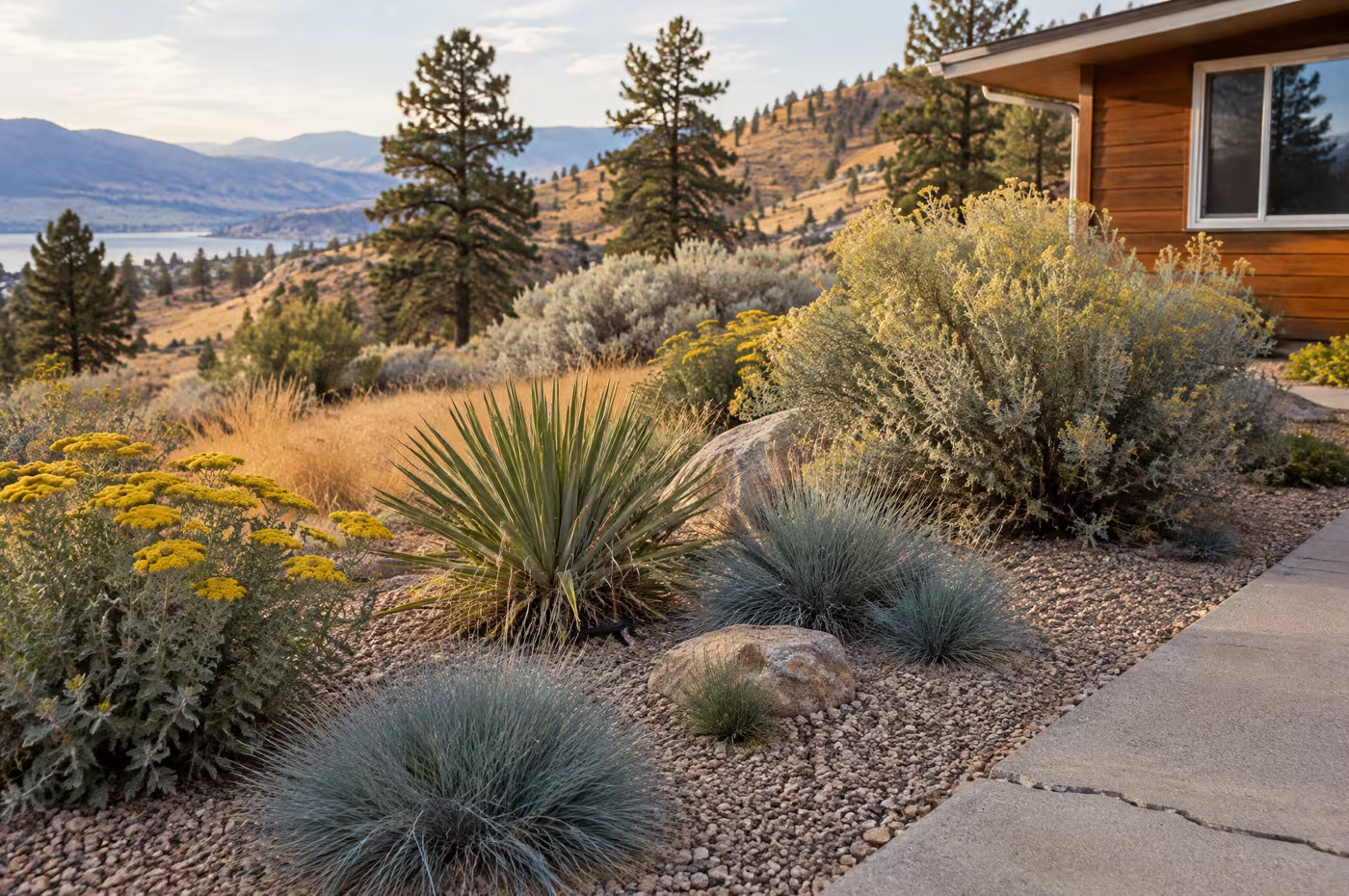 A gravel front garden of yucca, blue fescue and yellow yarrow beside a cedar-sided rancher