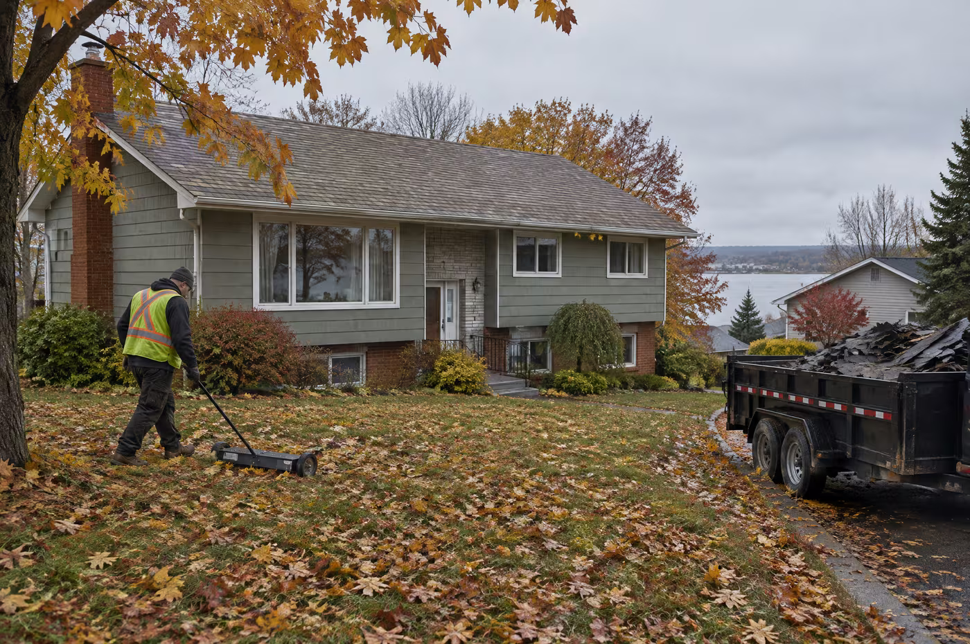 A roofer rolling a magnetic nail sweeper across a leafy lawn in front of a newly shingled side-split