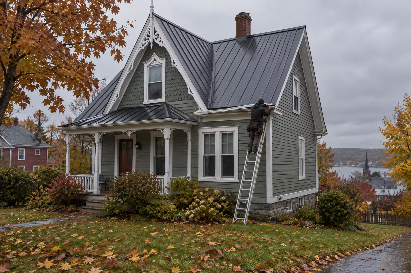 A steep Victorian house with a new charcoal standing-seam steel roof and a roofer on a ladder at the eave