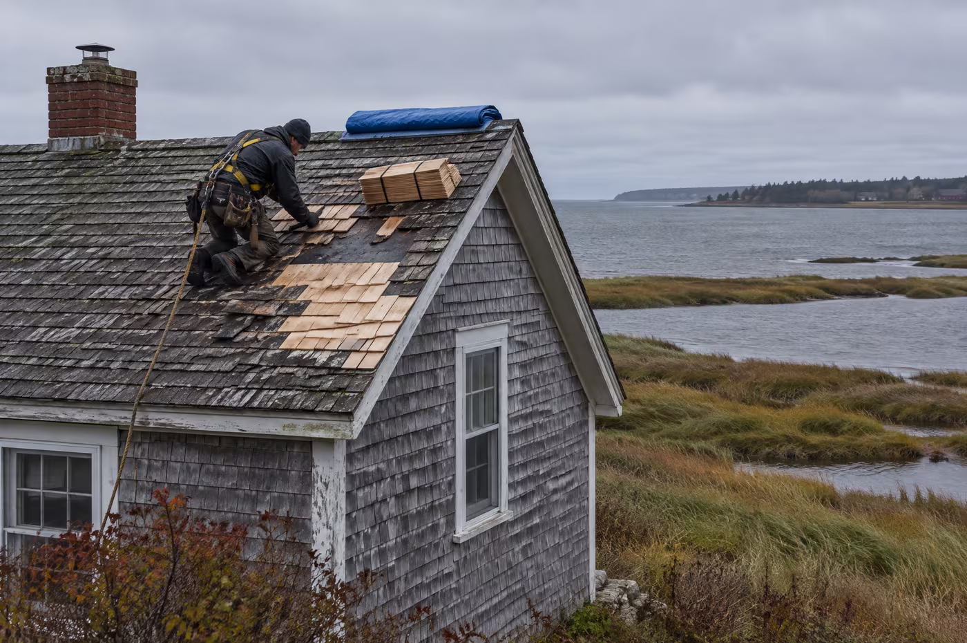 A roofer in a harness replacing storm-torn cedar shingles on a grey cottage beside the salt marsh