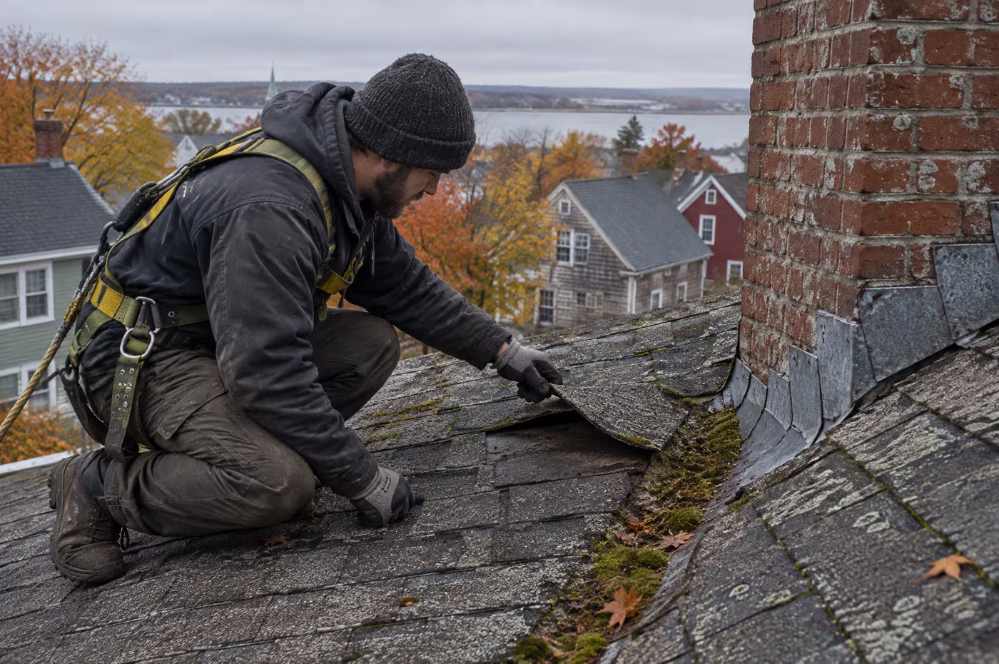 A roofer in a toque and harness lifting a worn shingle beside a brick chimney to check underneath