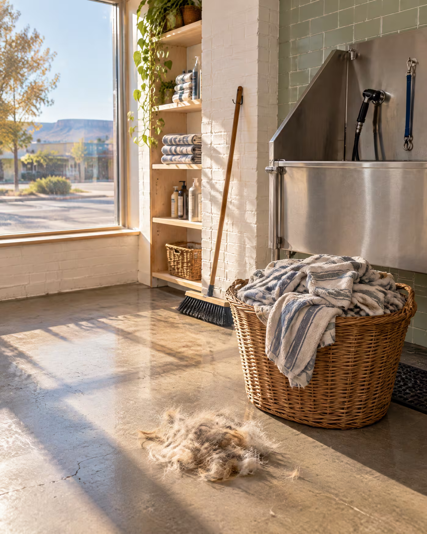 A basket of damp striped towels and a pile of swept-up fur by the tub at closing time