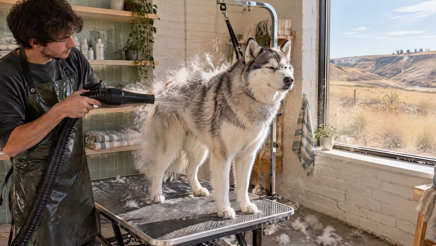 Dev blows loose undercoat out of a husky's coat with a high-velocity dryer