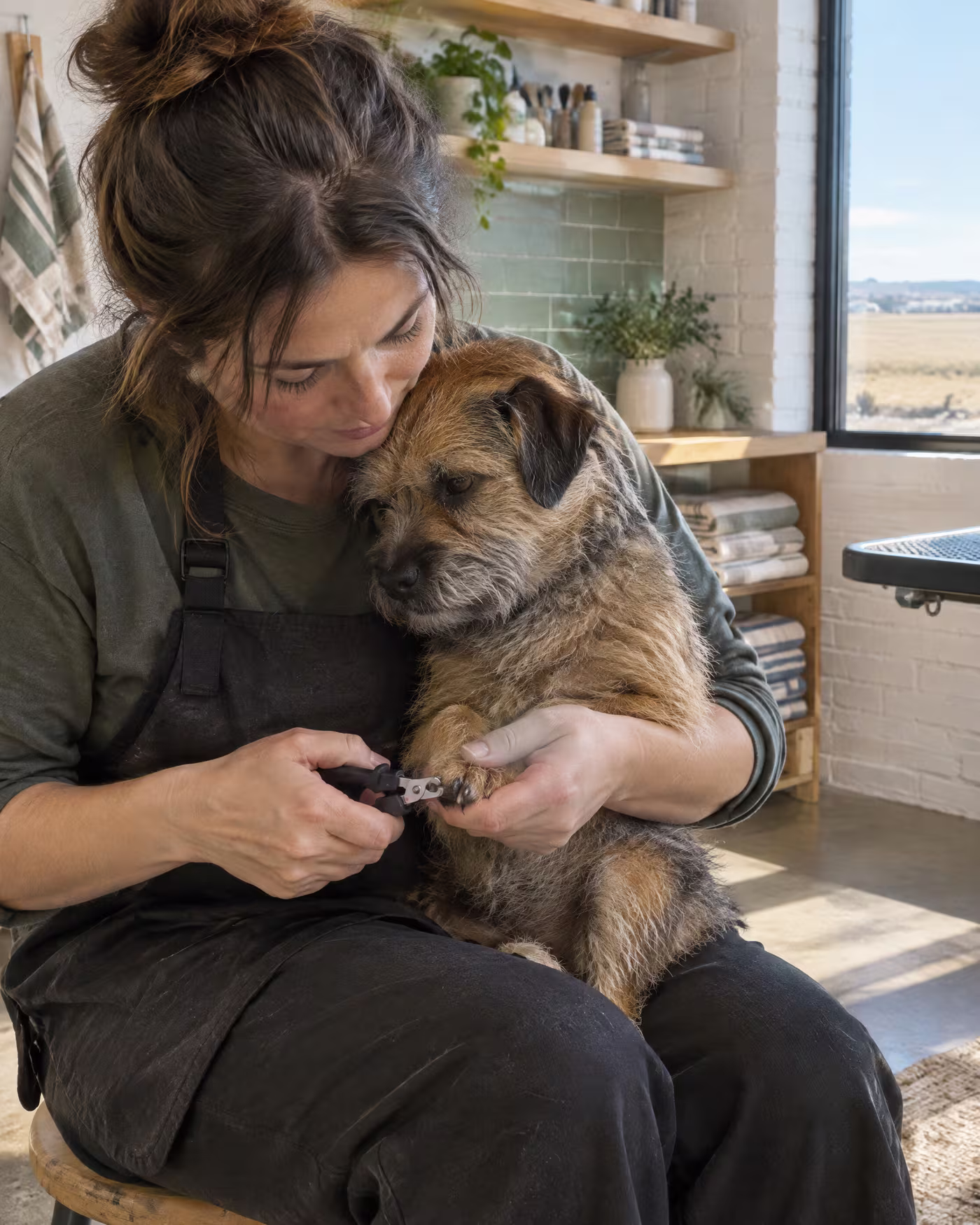 A groomer trims a wiry terrier's nail while it leans against her on her lap