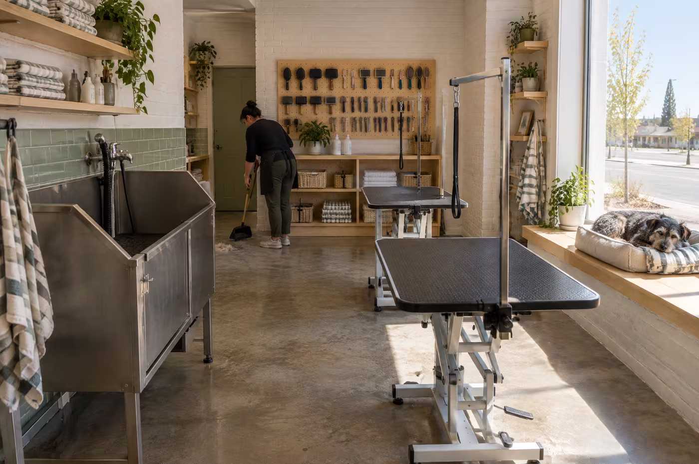 The bright shop floor with a steel tub, two tables and a dog asleep by the front window