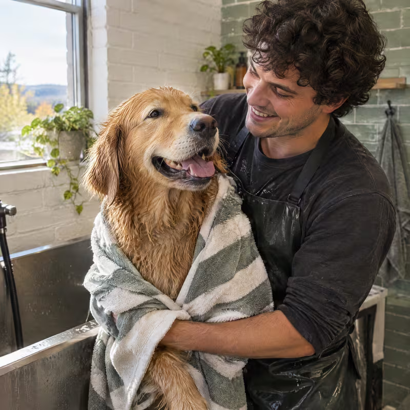 Dev laughing as he lifts a wet golden retriever out of the tub