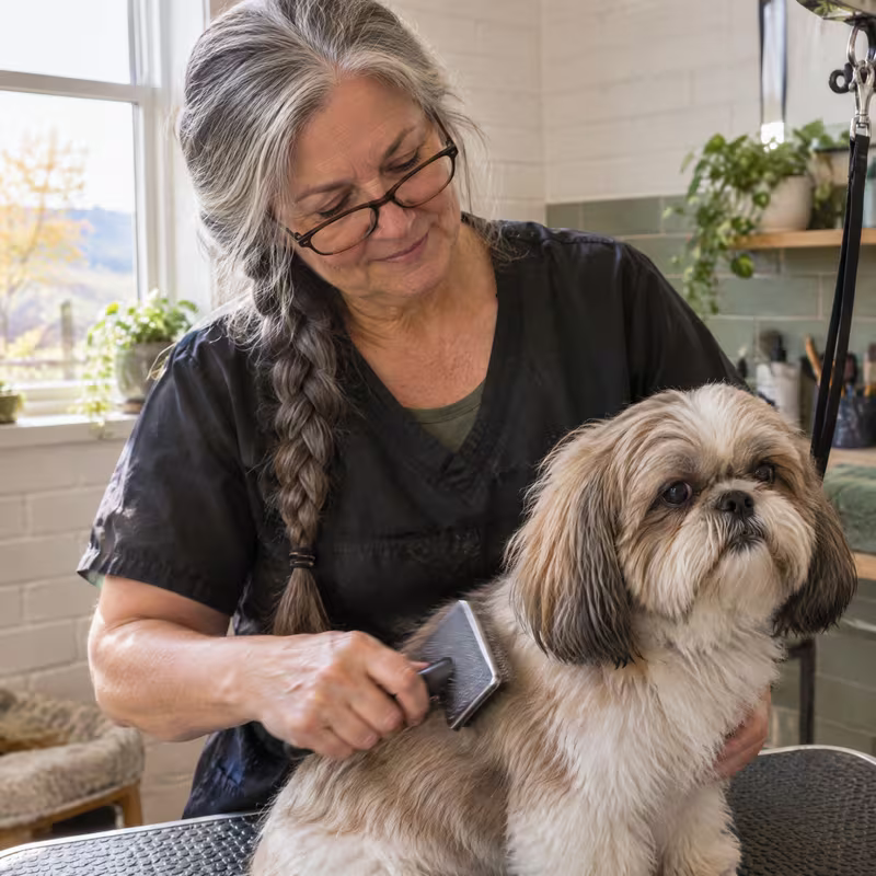 Maddie brushing out a shih tzu with a slicker brush