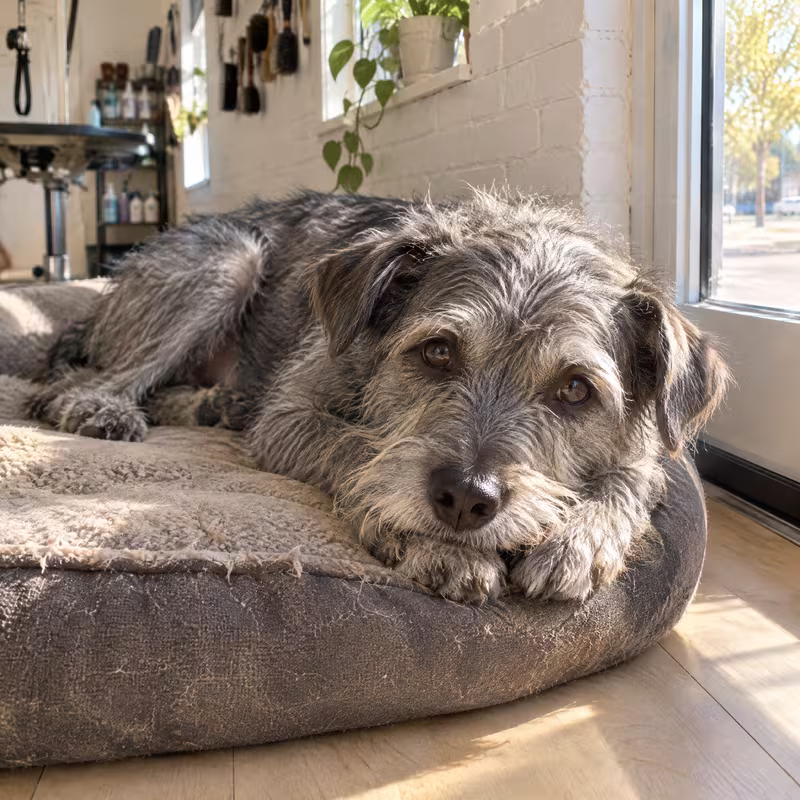 Pickle, a scruffy grey terrier mix, resting on a dog bed in the sun