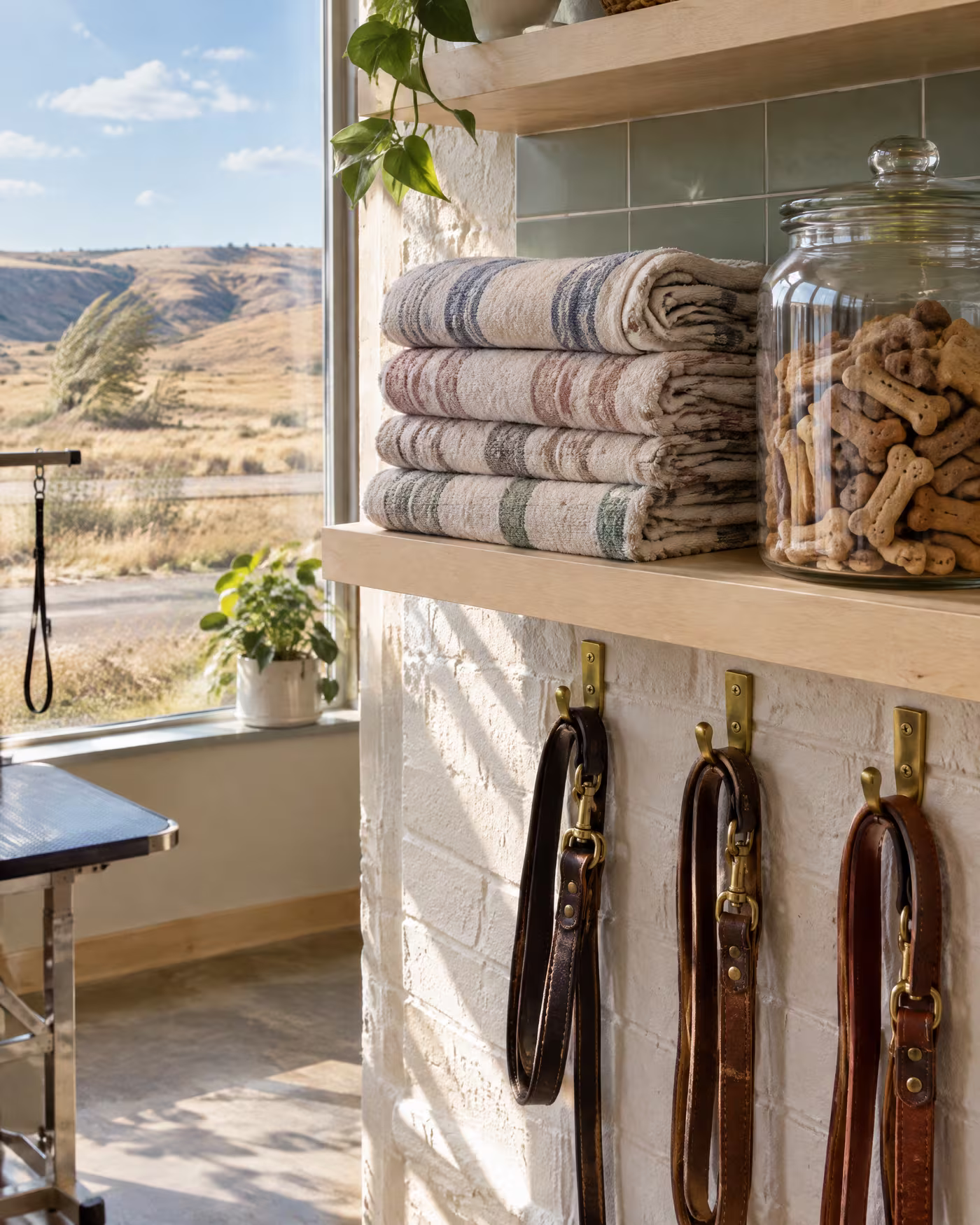 Striped towels on a birch shelf beside a jar of dog biscuits and three hanging leashes