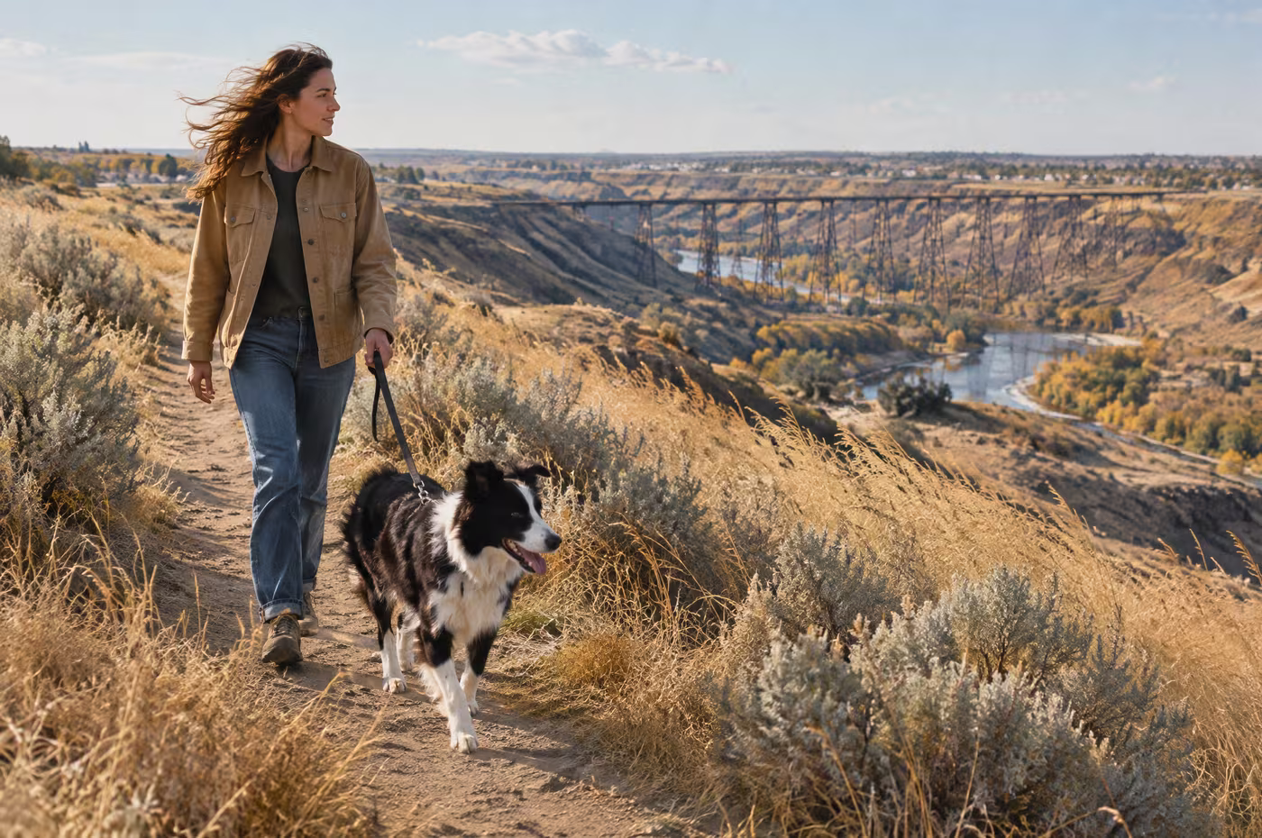 A border collie and its owner on the coulee rim, the railway bridge far behind them