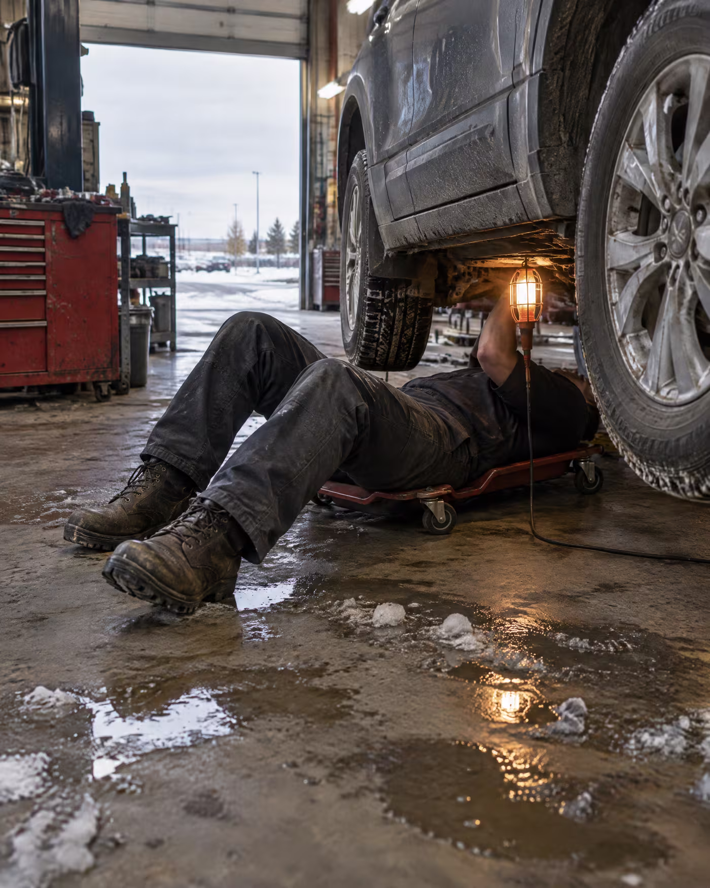 A mechanic on a creeper under a small SUV, lit by an orange trouble light