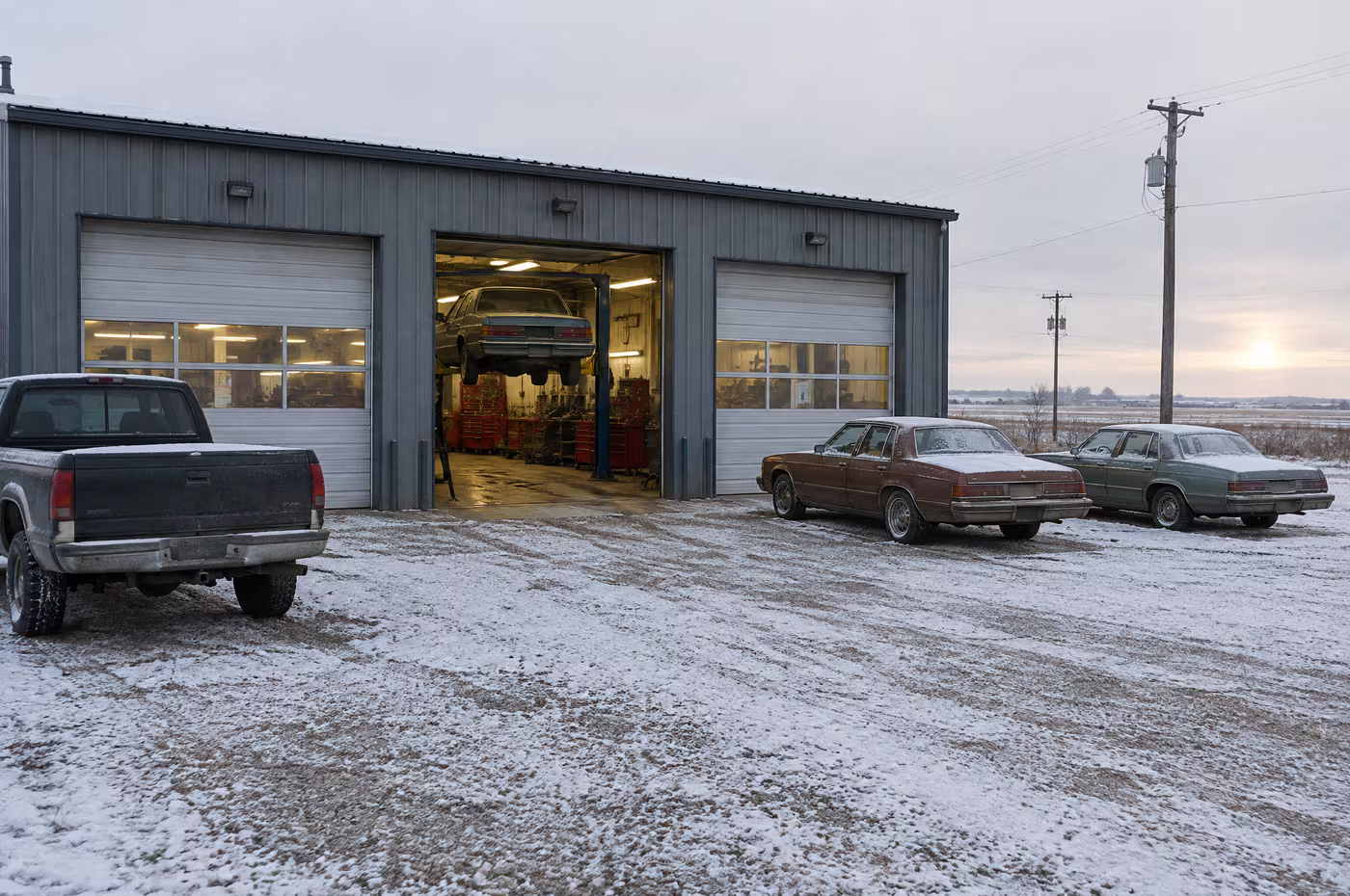 The three bay doors glowing at dawn after the first snow, cars waiting in the gravel lot