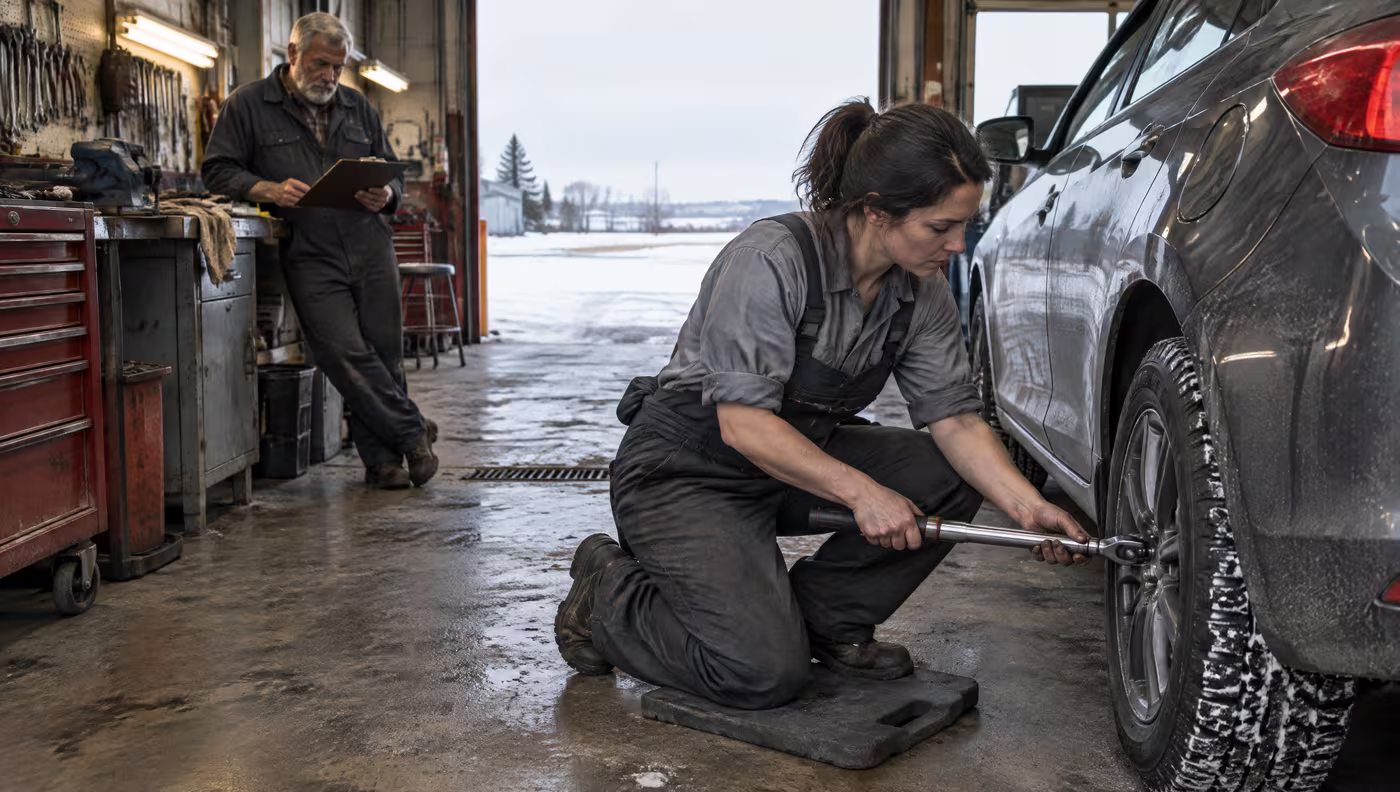 Jenna torques the wheel nuts on a winter tire while her father reads a work order behind her