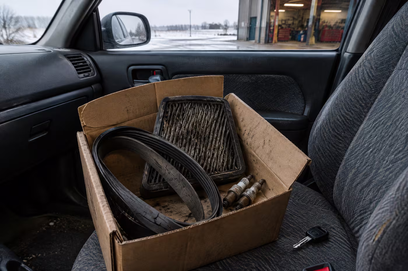 A box of old parts, a belt, an air filter and spark plugs, on a customer's passenger seat