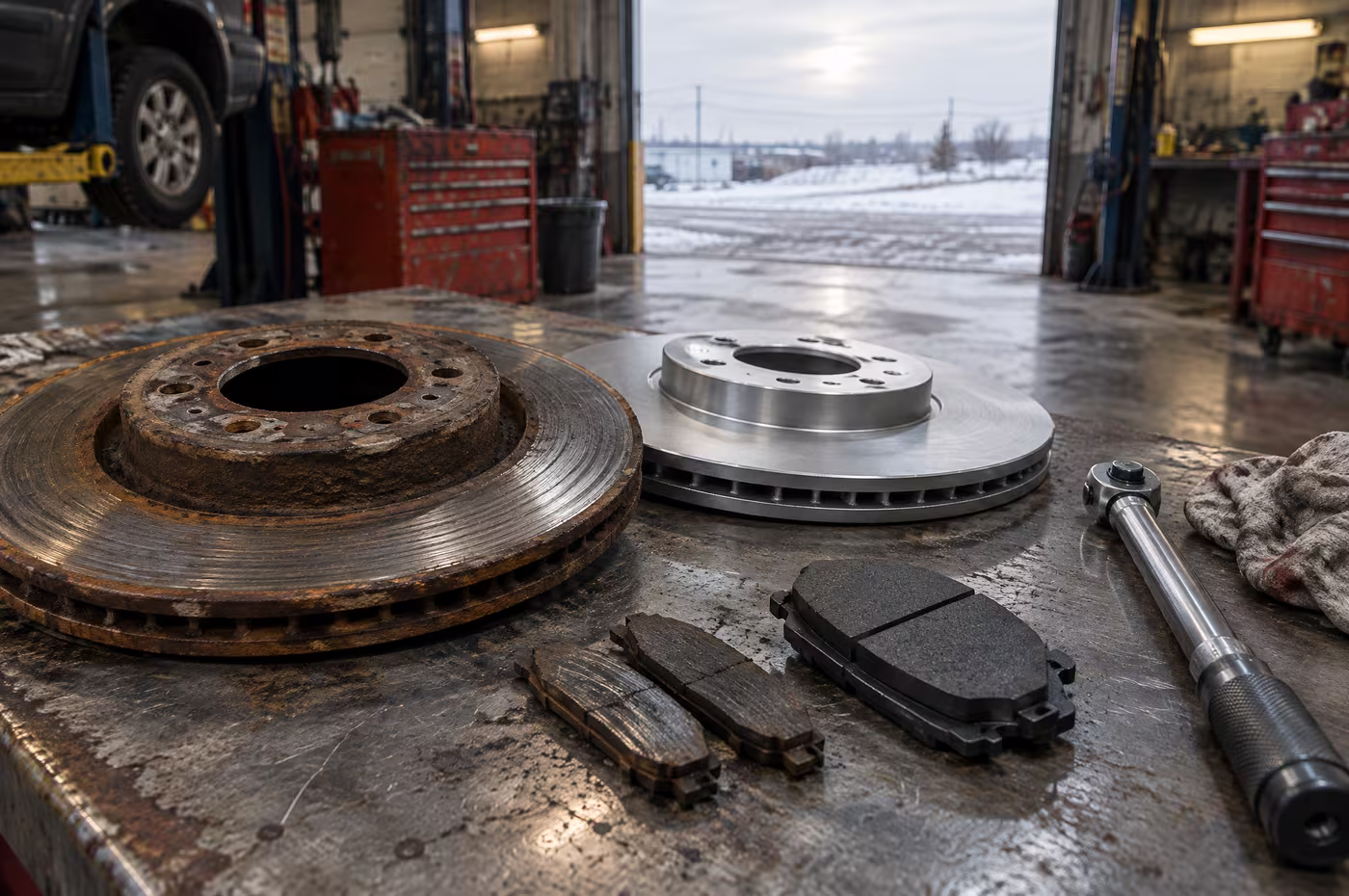 A worn, rusty brake rotor and thin pads beside their new replacements on the bench