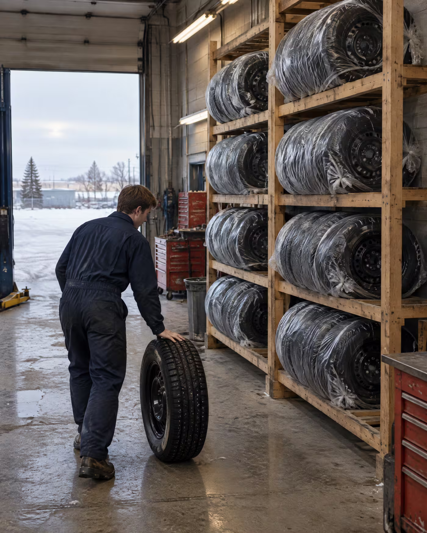 Cole rolls a winter tire toward a wooden rack of bagged tire sets