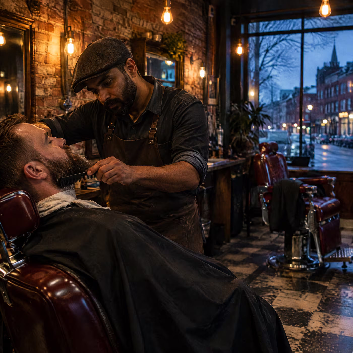 Dev combing out a reclined client's beard before a trim