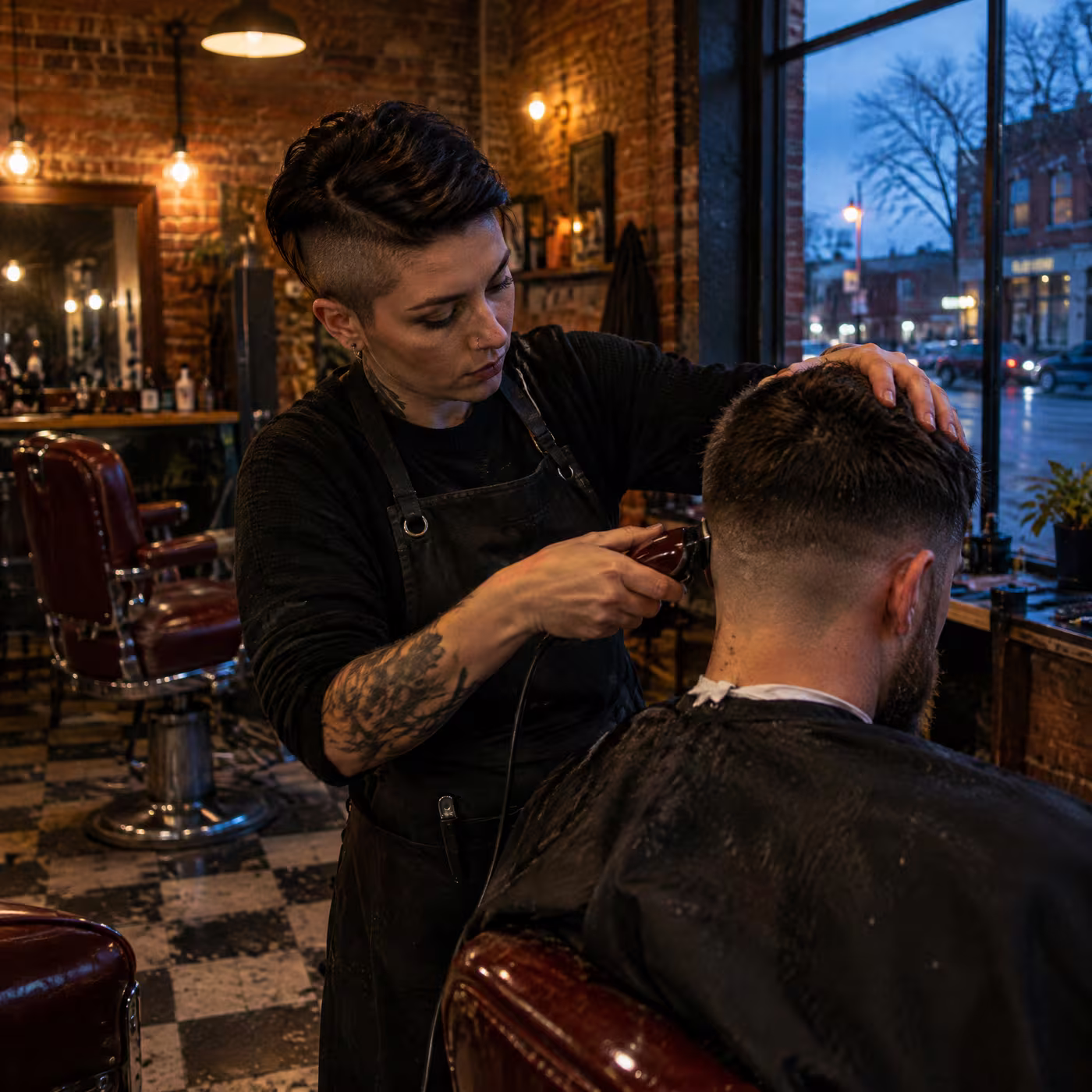 Tash fading the back of a client's head with clippers