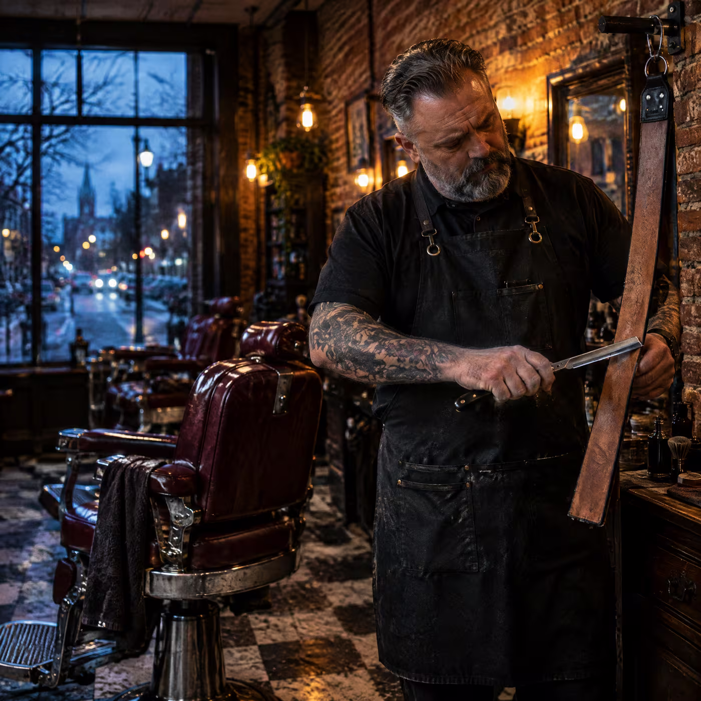 Vince stropping a straight razor on a leather strop beside his chair