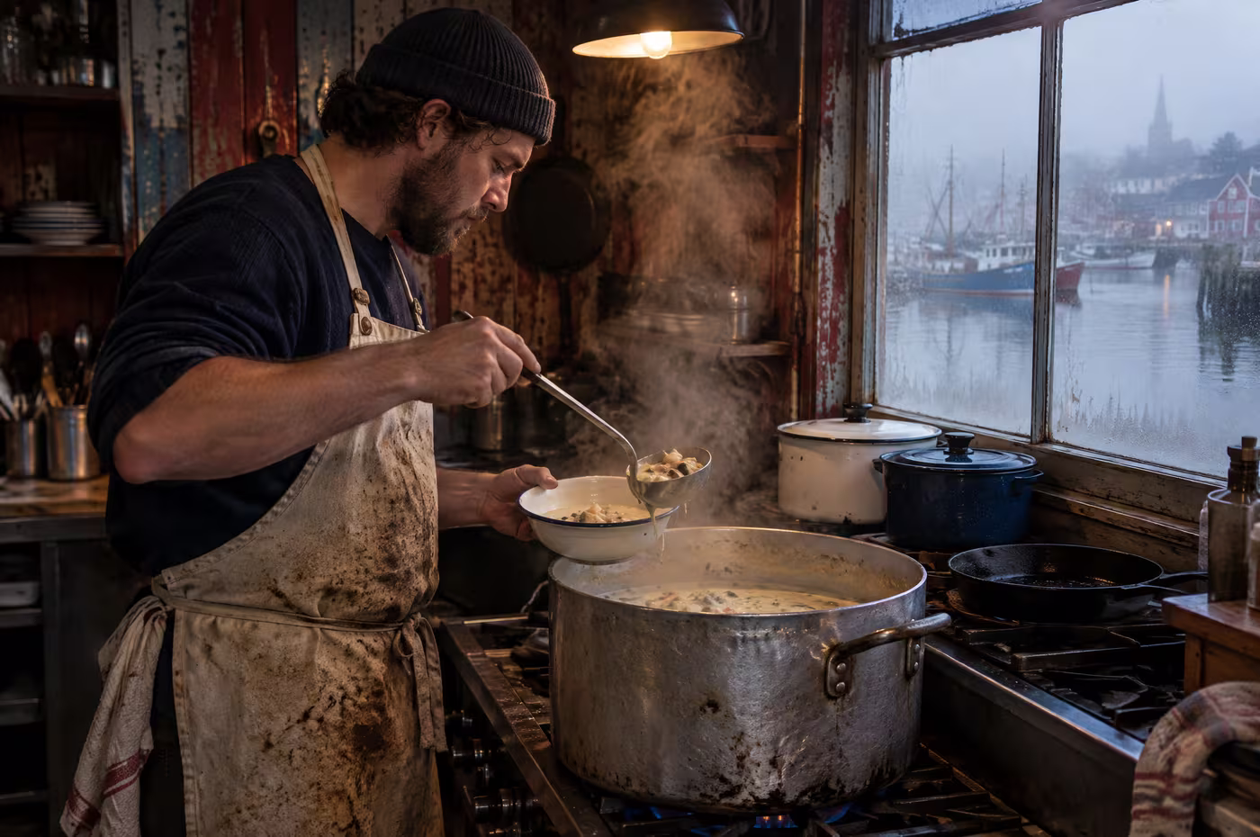 A cook ladling seafood chowder from a big stockpot in a lamplit wooden kitchen