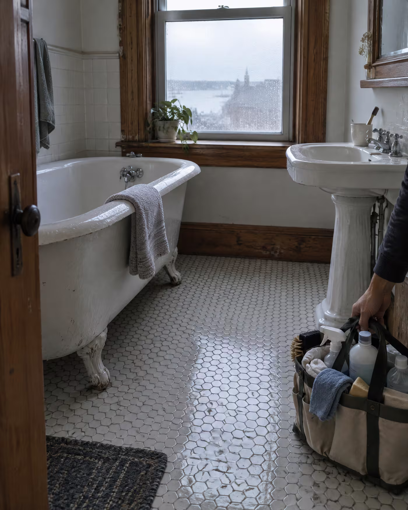 A clean clawfoot tub and white hexagon floor tile, a caddy of supplies set down at the edge