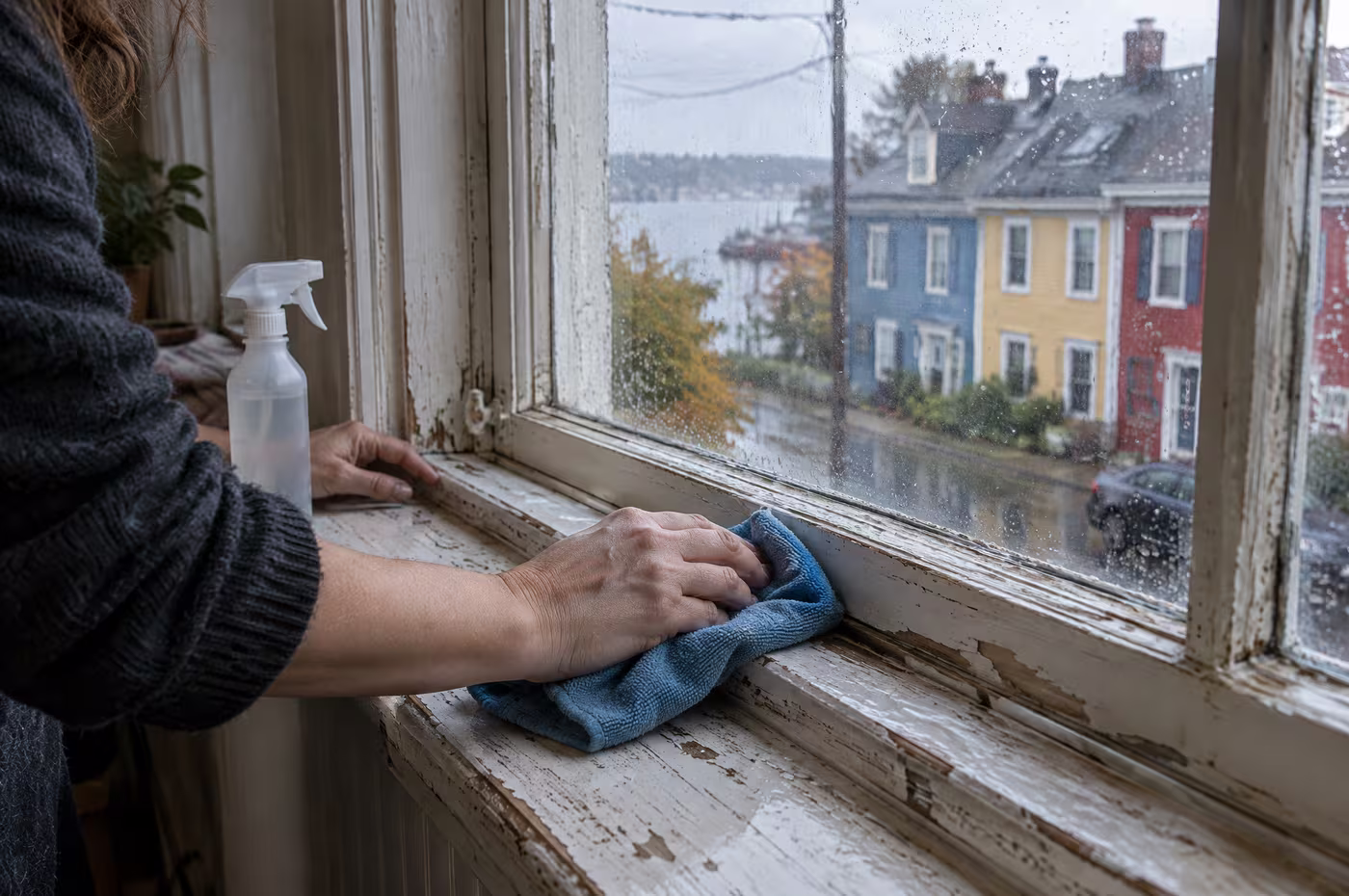 A hand wiping the chipped white sill of an old sash window with a blue microfibre cloth, rain on the glass