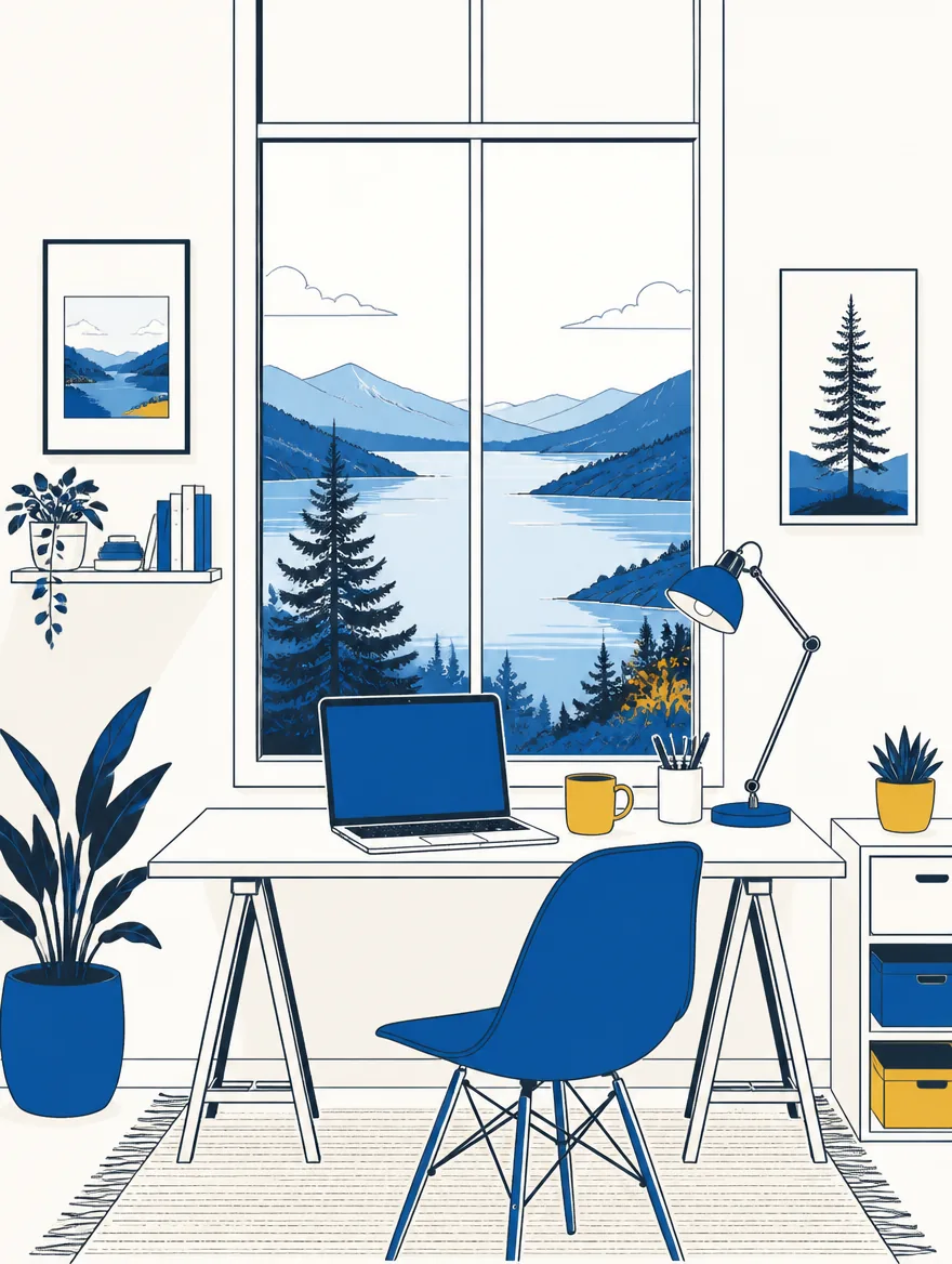 Illustration of a studio desk in front of a window overlooking a lake and mountains