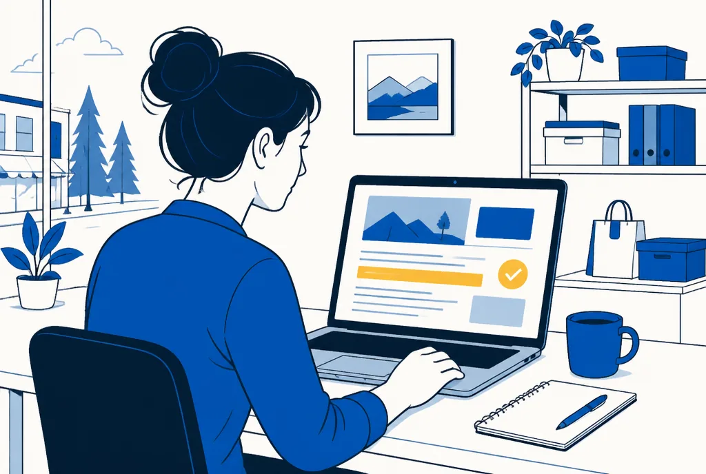 Illustration of a person reviewing a draft webpage with a checkmark beside a verified line