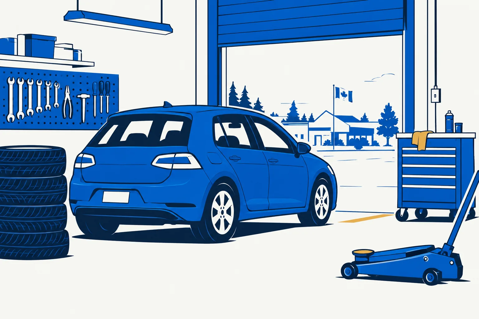 Illustration of a blue car in an auto repair bay with tires and mechanics' tools