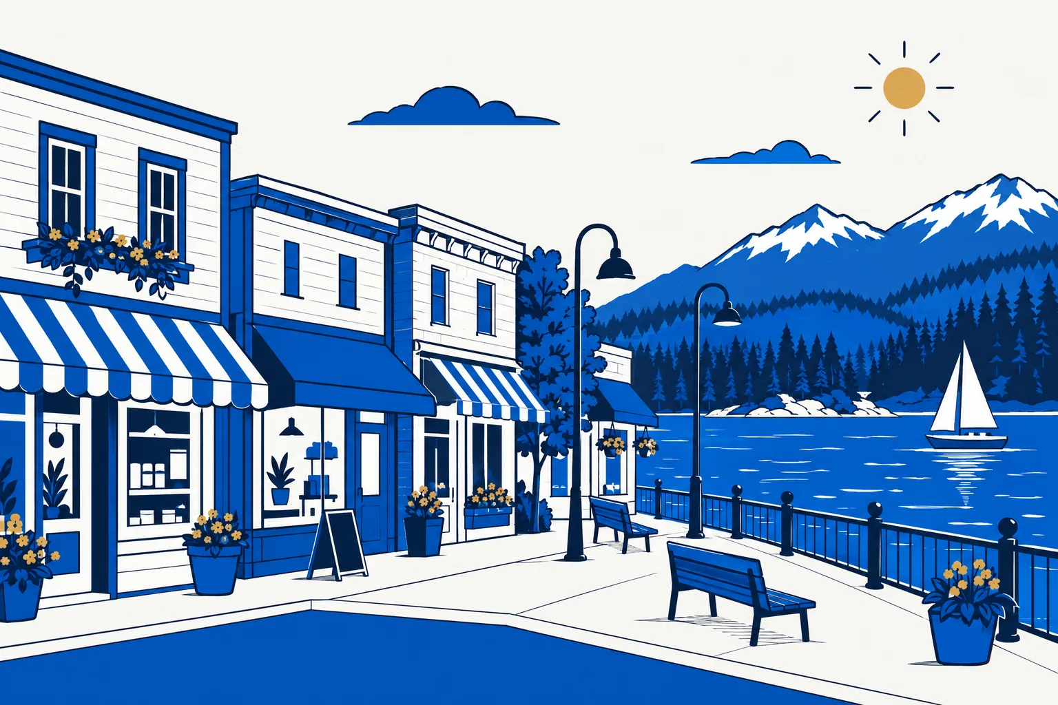 Illustration of Canadian storefronts beside a lake and mountains