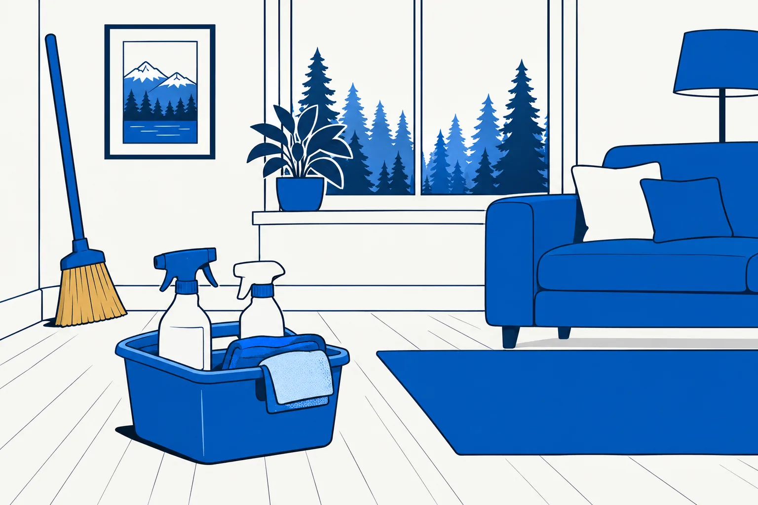 Illustration of a bright home interior with a blue cleaning caddy, spray bottles, cloths and a broom
