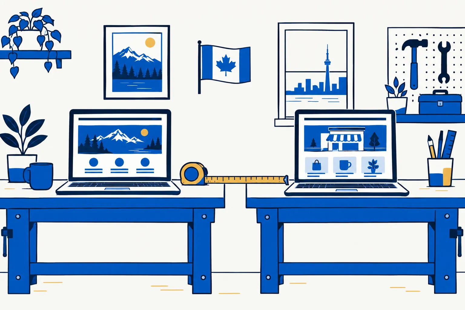 Illustration of two workbenches each with a laptop showing a different website layout