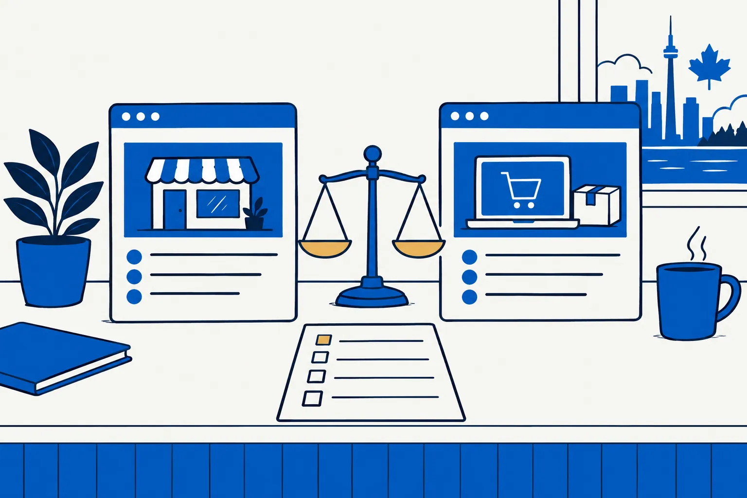 Illustration of two website windows side by side with a balance scale between them